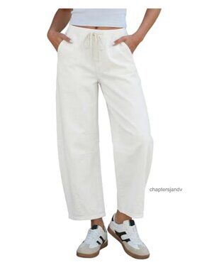 Barrel Jeans Pull On Elastic Waist High Rise Crop Denim Pants